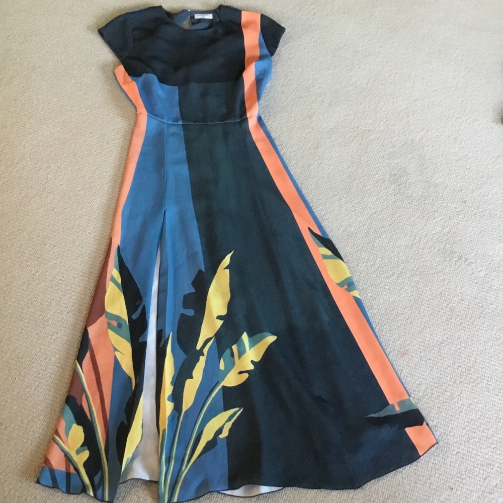 Babaton Black & Blue Midi Dress with Orange Trim and Yellow Print